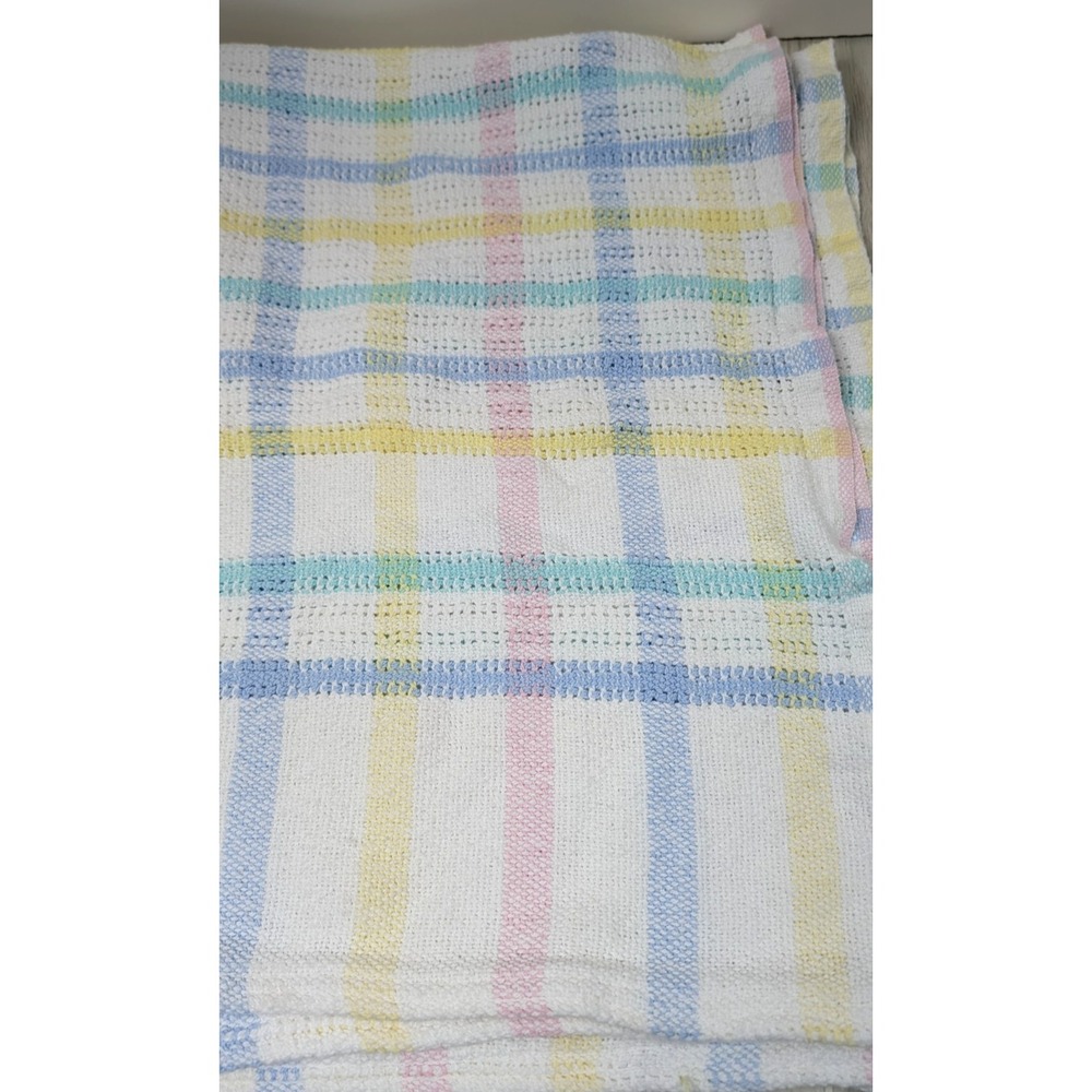 Beacon Vintage Cotton Woven Baby Blanket White Pastel Pink Blue Yellow Striped